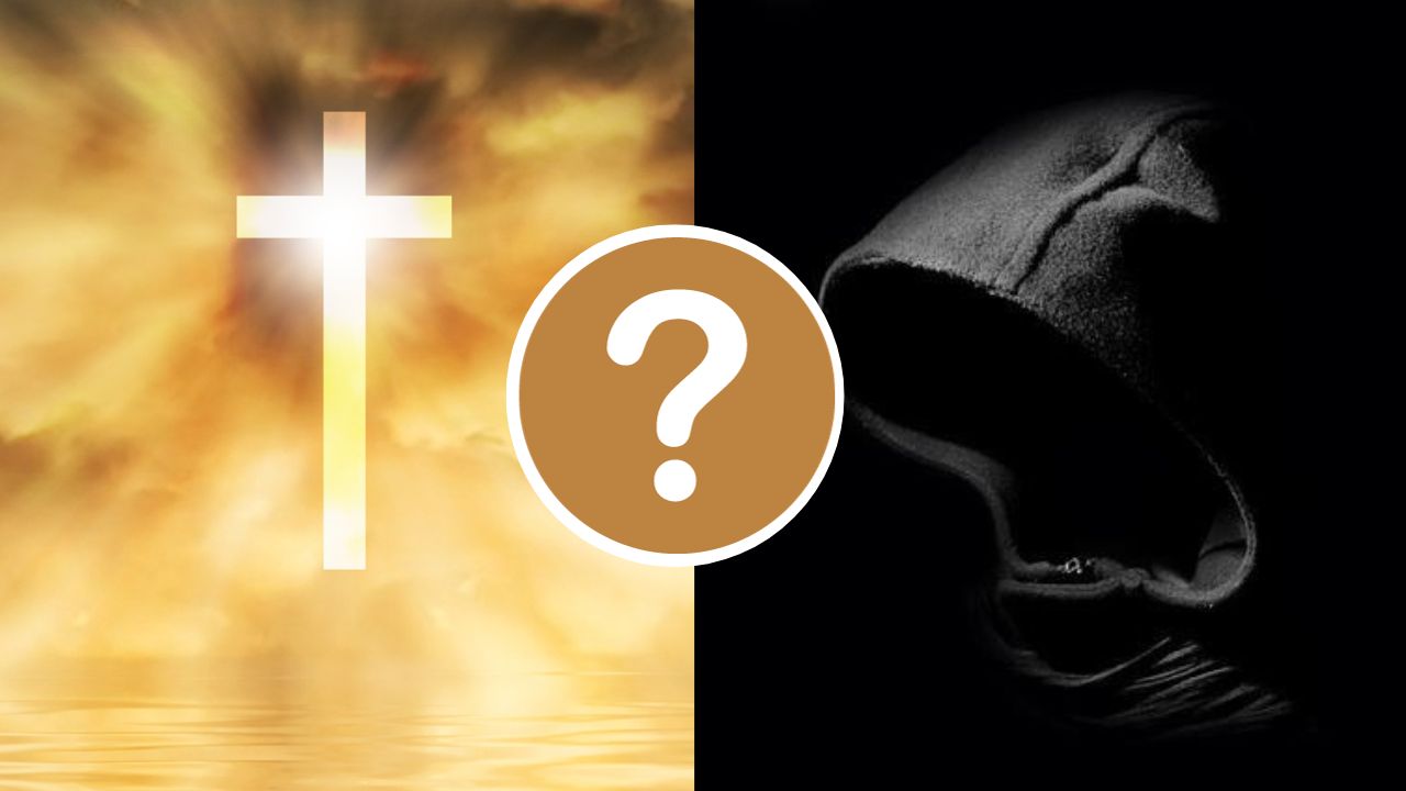 A question mark against a divided background of a cross and a black hooded being.