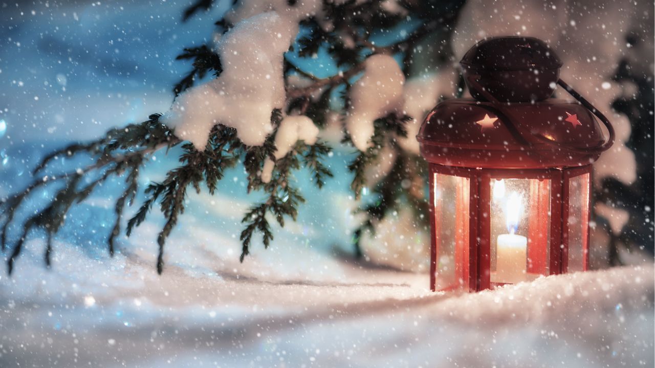 Red Christmas Lantern in the snow
